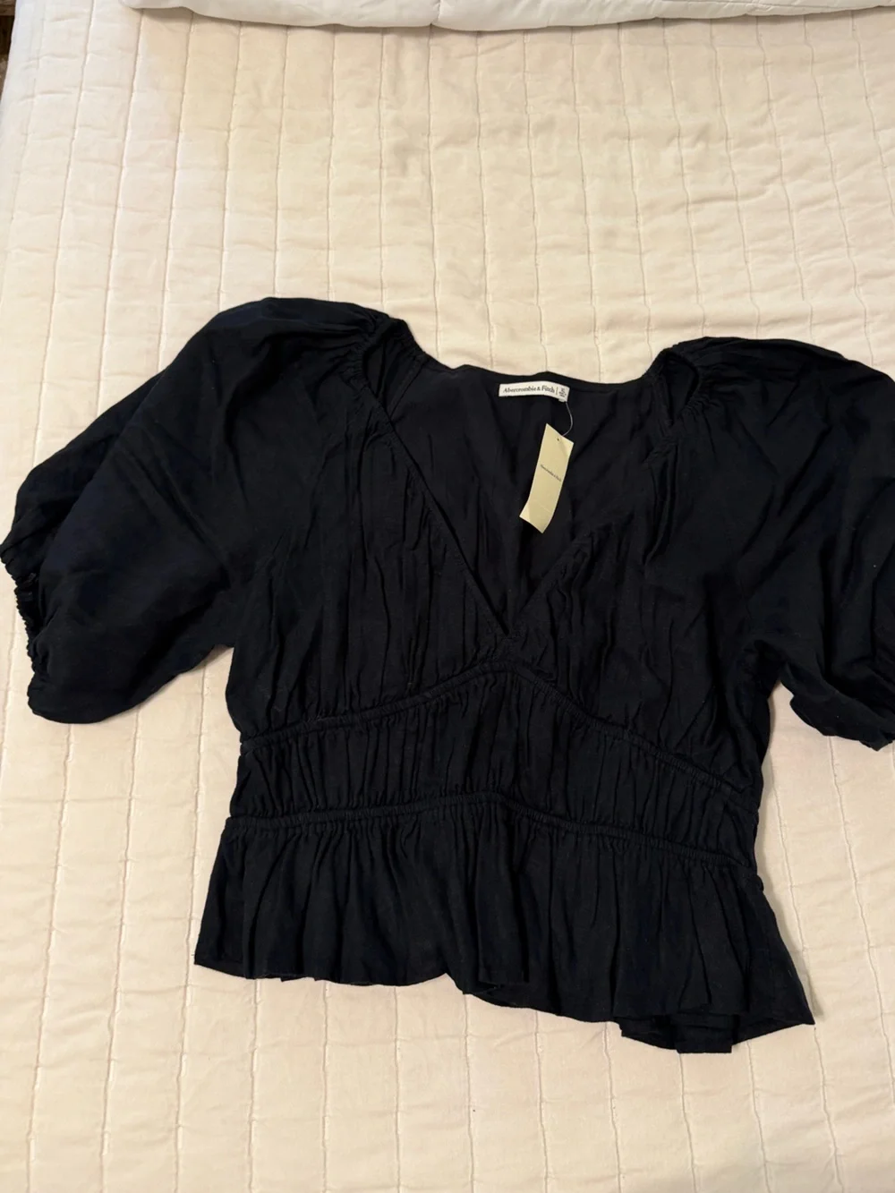 Abercrombie & Fitch Black Puff-Sleeve V-Neck Top